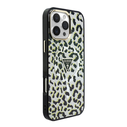 Apple iPhone 16 Pro Max Kılıf Guess Orjinal Lisanslı M-safe Şarj Özellikli Üçgen Logolu Simli Leopar Desenli Kapak