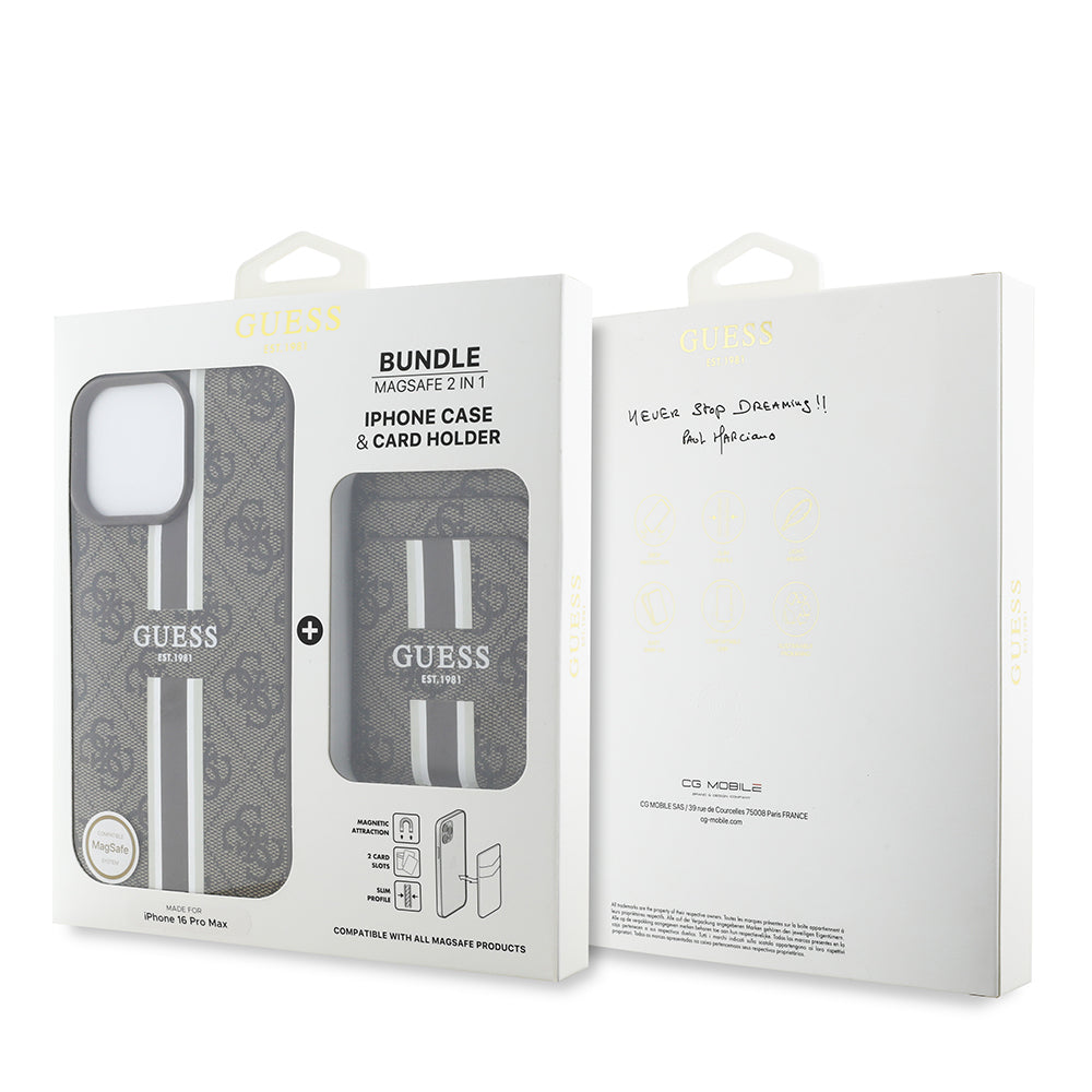 Apple iPhone 16 Pro Max Kılıf Guess Orjinal Lisanslı M-safe Şarj Özellikli 4G Desenli Çizgili Kartlıklı Kapak Kahverengi