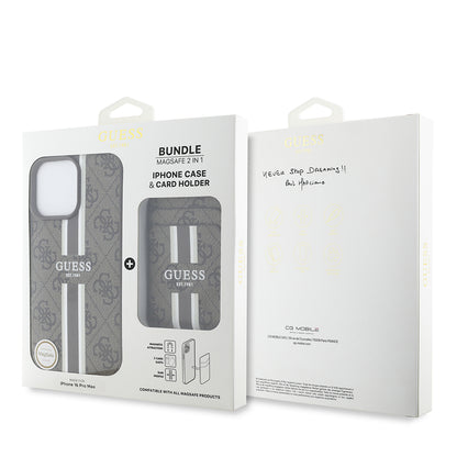 Apple iPhone 16 Pro Max Kılıf Guess Orjinal Lisanslı M-safe Şarj Özellikli 4G Desenli Çizgili Kartlıklı Kapak Kahverengi