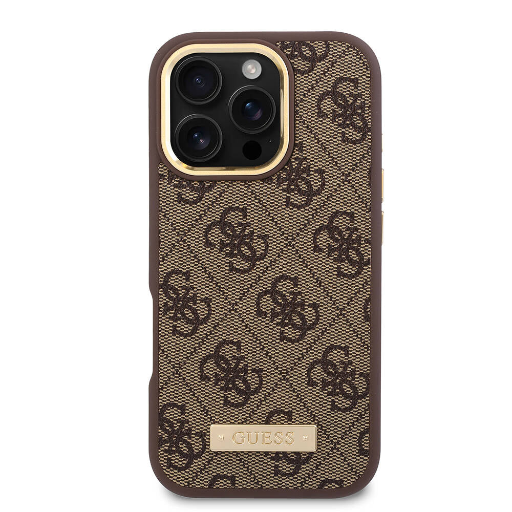 Apple iPhone 16 Pro Max Kılıf Guess Orjinal Lisanslı M-safe Şarj Özellikli 4G Desenli PU Metal Plaka Klasik Logolu Kapak Pembe