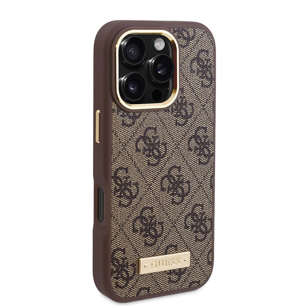Apple iPhone 16 Pro Max Kılıf Guess Orjinal Lisanslı M-safe Şarj Özellikli 4G Desenli PU Metal Plaka Klasik Logolu Kapak Kahverengi