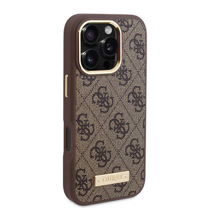 Apple iPhone 16 Pro Max Kılıf Guess Orjinal Lisanslı M-safe Şarj Özellikli 4G Desenli PU Metal Plaka Klasik Logolu Kapak Pembe