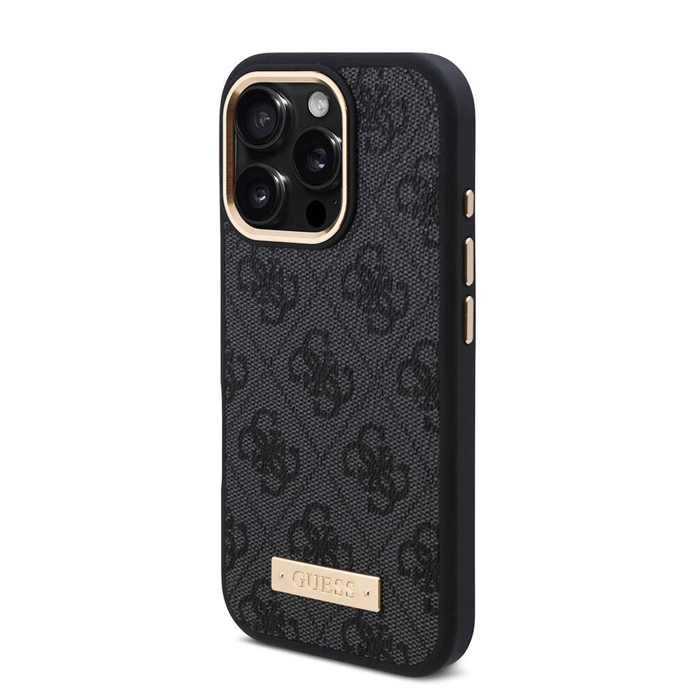 Apple iPhone 16 Pro Max Kılıf Guess Orjinal Lisanslı M-safe Şarj Özellikli 4G Desenli PU Metal Plaka Klasik Logolu Kapak Pembe