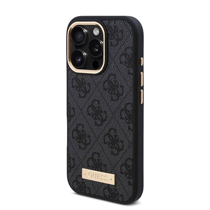 Apple iPhone 16 Pro Max Kılıf Guess Orjinal Lisanslı M-safe Şarj Özellikli 4G Desenli PU Metal Plaka Klasik Logolu Kapak Kahverengi