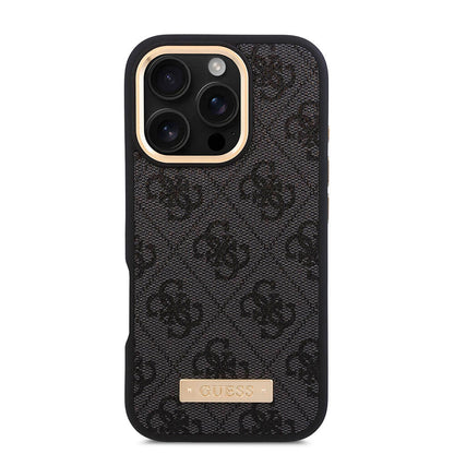 Apple iPhone 16 Pro Max Kılıf Guess Orjinal Lisanslı M-safe Şarj Özellikli 4G Desenli PU Metal Plaka Klasik Logolu Kapak Siyah