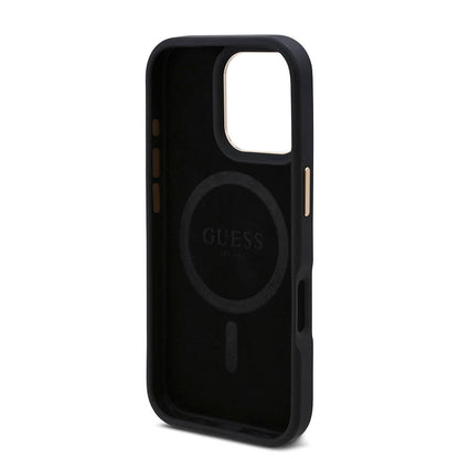 Apple iPhone 16 Pro Max Kılıf Guess Orjinal Lisanslı M-safe Şarj Özellikli 4G Desenli PU Metal Plaka Klasik Logolu Kapak Kahverengi