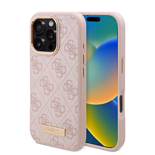 Apple iPhone 16 Pro Max Kılıf Guess Orjinal Lisanslı M-safe Şarj Özellikli 4G Desenli PU Metal Plaka Klasik Logolu Kapak Kahverengi