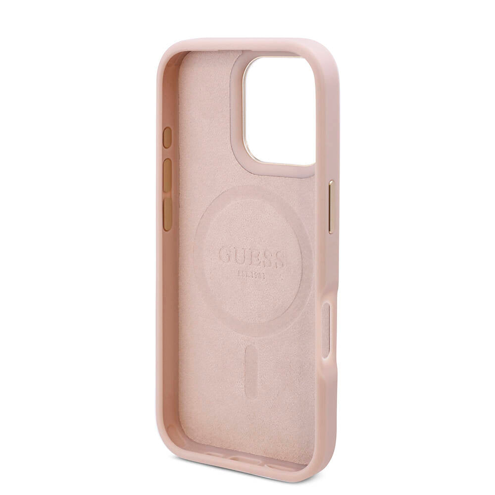 Apple iPhone 16 Pro Max Kılıf Guess Orjinal Lisanslı M-safe Şarj Özellikli 4G Desenli PU Metal Plaka Klasik Logolu Kapak Kahverengi