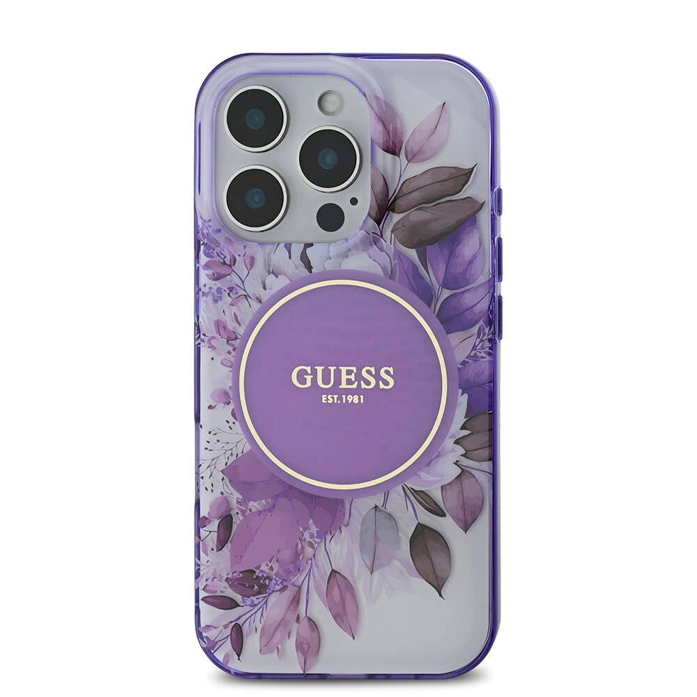 Apple iPhone 16 Pro Max Kılıf Guess Orjinal Lisanslı M-safe Şarj Özellikli Flower Tonal Circle Kapak Mor