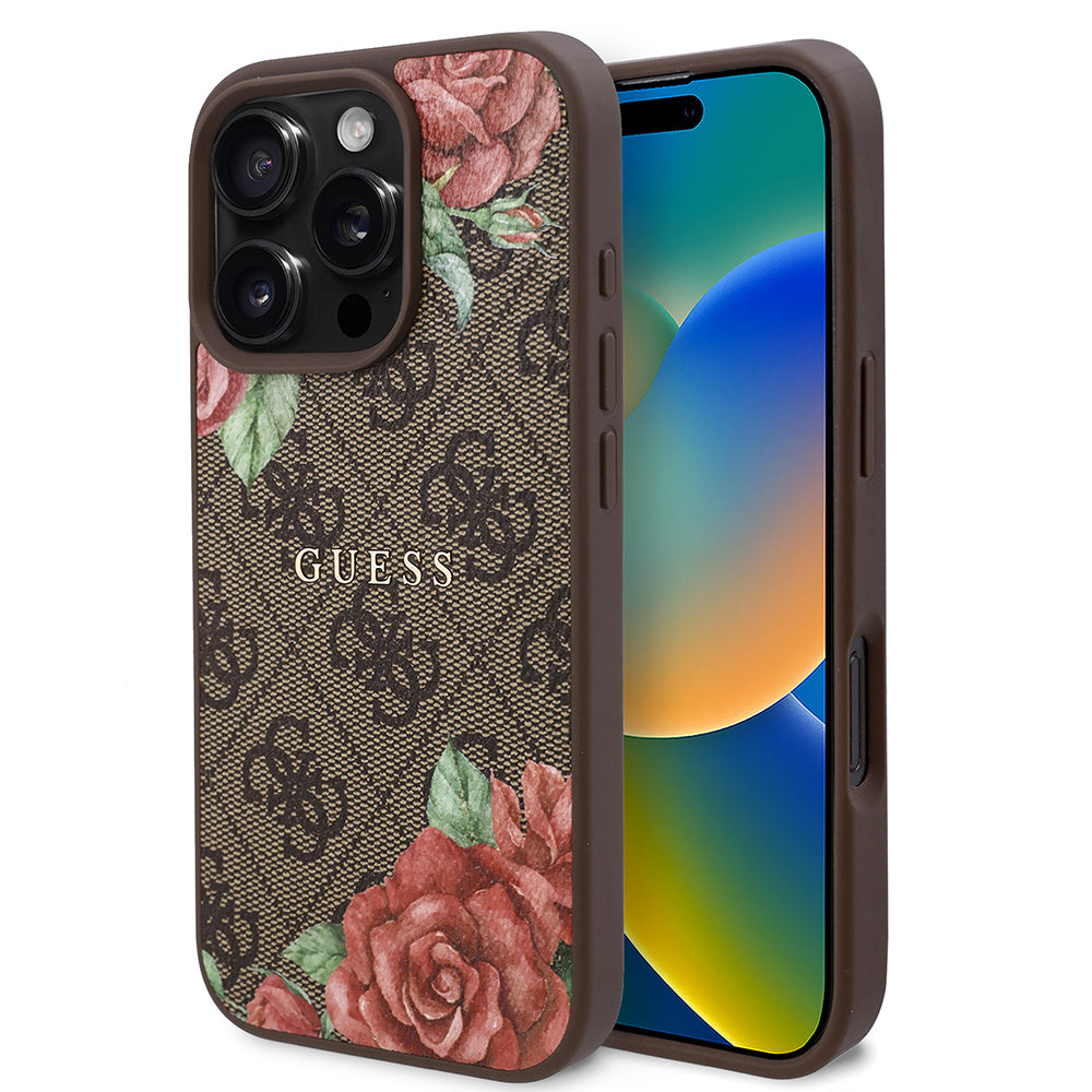 Apple iPhone 16 Pro Max Kılıf Guess Orjinal Lisanslı M-safe Şarj Özellikli Gül Baskılı 4G Desenli Yazı Logolu Kapak Kahverengi