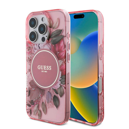 Apple iPhone 16 Pro Max Kılıf Guess Orjinal Lisanslı M-safe Şarj Özellikli IML Baskılı Çiçek İnci Bileklikli Kapak Yeşil