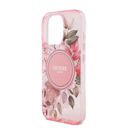 Apple iPhone 16 Pro Max Kılıf Guess Orjinal Lisanslı M-safe Şarj Özellikli IML Baskılı Çiçek İnci Bileklikli Kapak Mor