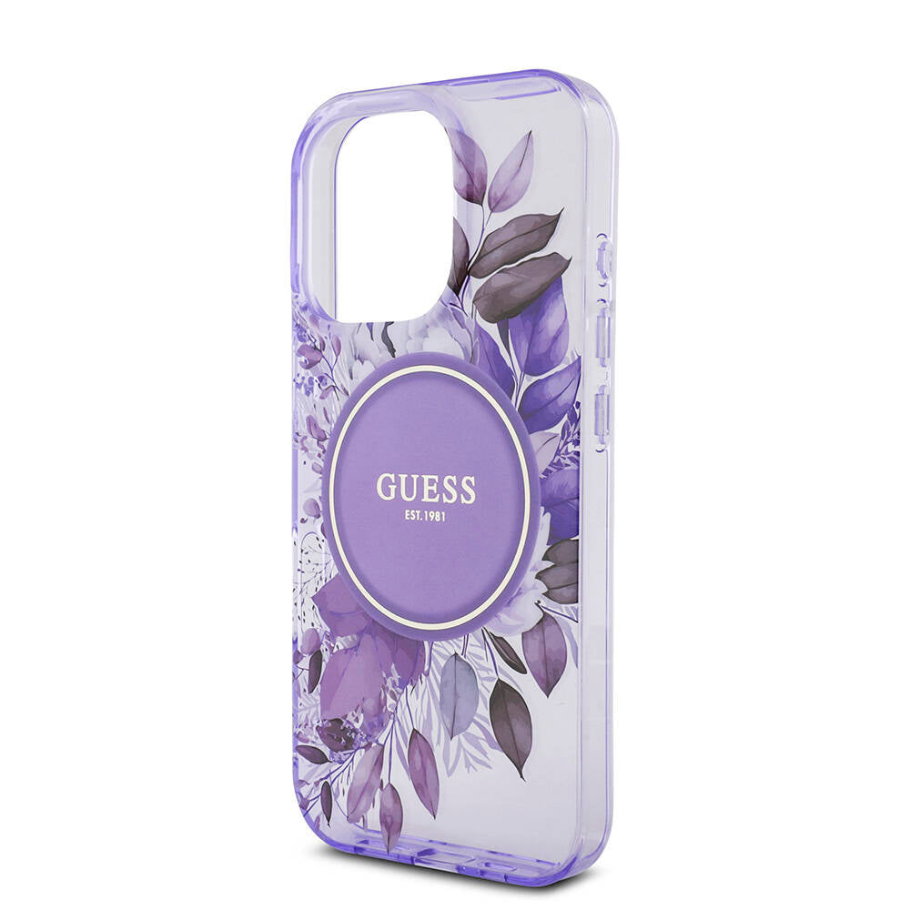 Apple iPhone 16 Pro Max Kılıf Guess Orjinal Lisanslı M-safe Şarj Özellikli IML Baskılı Çiçek İnci Bileklikli Kapak Mor