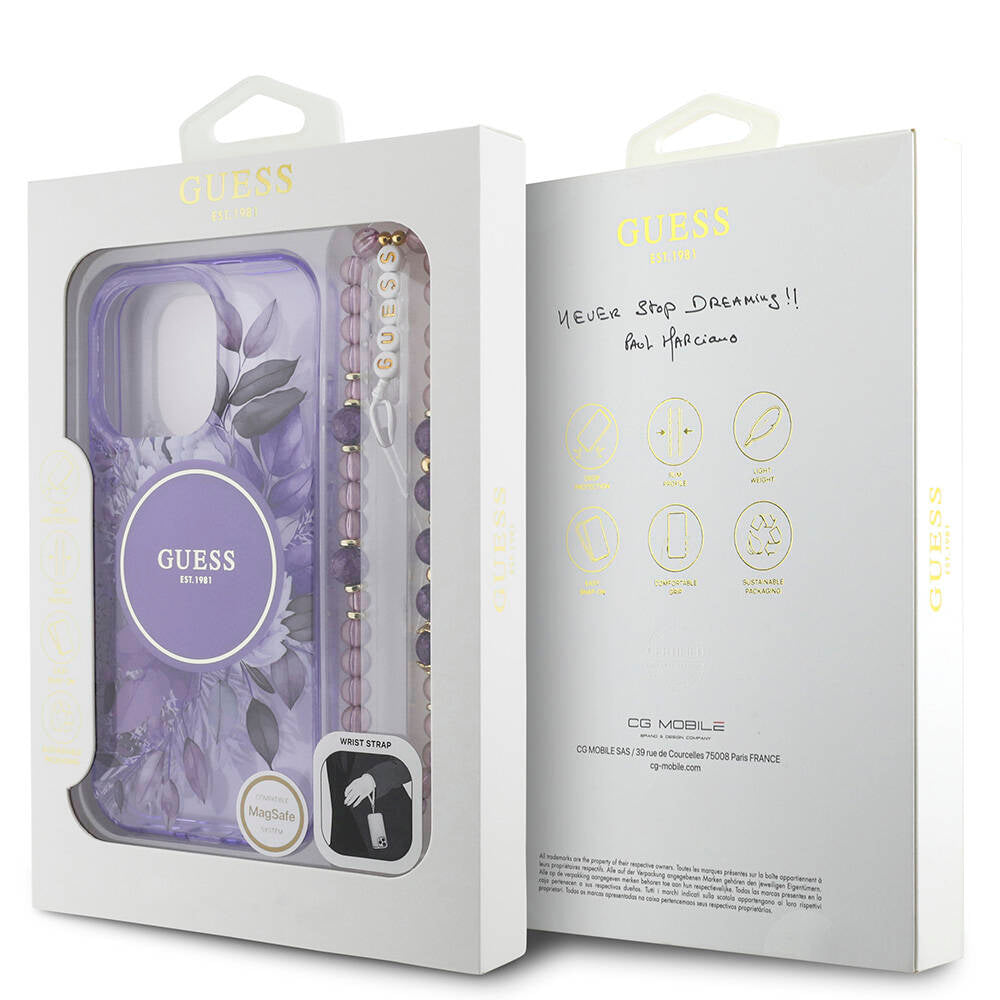 Apple iPhone 16 Pro Max Kılıf Guess Orjinal Lisanslı M-safe Şarj Özellikli IML Baskılı Çiçek İnci Bileklikli Kapak Yeşil