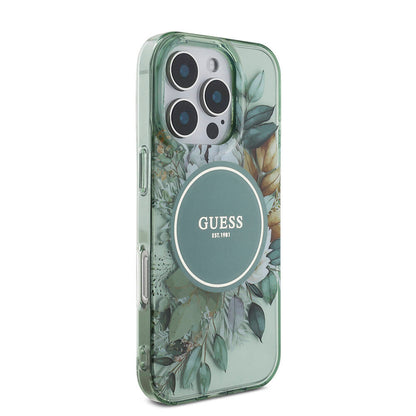 Apple iPhone 16 Pro Max Kılıf Guess Orjinal Lisanslı M-safe Şarj Özellikli IML Baskılı Çiçek İnci Bileklikli Kapak Mor