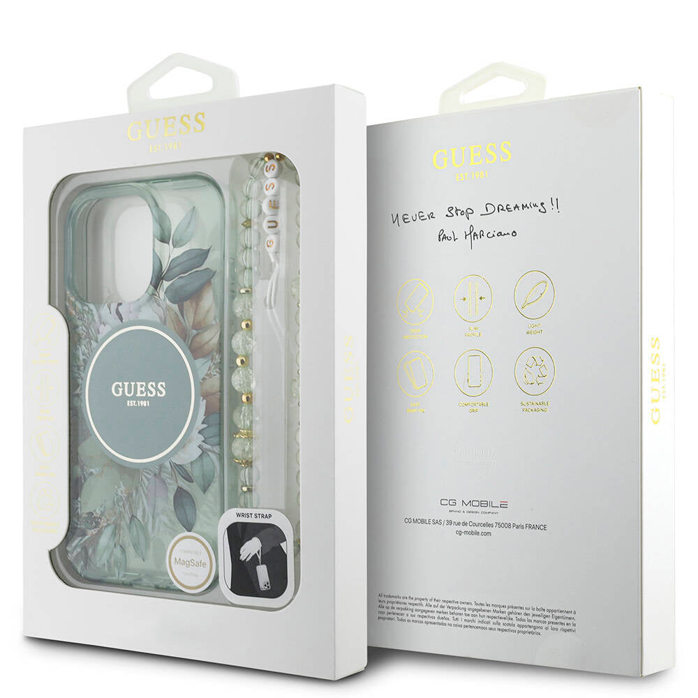 Apple iPhone 16 Pro Max Kılıf Guess Orjinal Lisanslı M-safe Şarj Özellikli IML Baskılı Çiçek İnci Bileklikli Kapak Mor