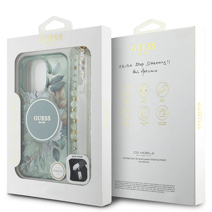 Apple iPhone 16 Pro Max Kılıf Guess Orjinal Lisanslı M-safe Şarj Özellikli IML Baskılı Çiçek İnci Bileklikli Kapak Mor