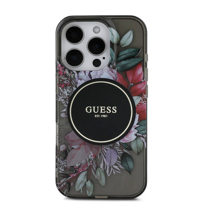 Apple iPhone 16 Pro Max Kılıf Guess Orjinal Lisanslı M-safe Şarj Özellikli IML Baskılı Çiçek İnci Bileklikli Kapak Yeşil