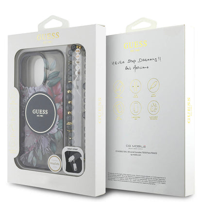 Apple iPhone 16 Pro Max Kılıf Guess Orjinal Lisanslı M-safe Şarj Özellikli IML Baskılı Çiçek İnci Bileklikli Kapak Yeşil