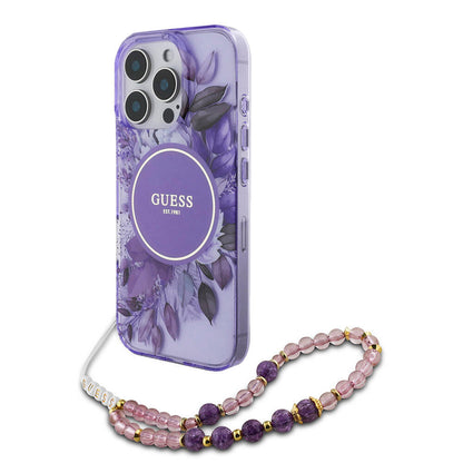 Apple iPhone 16 Pro Max Kılıf Guess Orjinal Lisanslı M-safe Şarj Özellikli IML Baskılı Çiçek İnci Bileklikli Kapak Yeşil