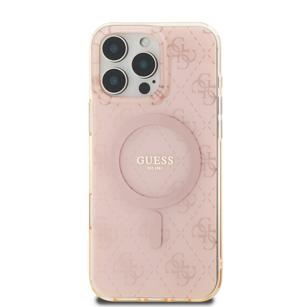 Apple iPhone 16 Pro Max Kılıf Guess Orjinal Lisanslı M-safe Şarj Özellikli IML Baskılı Klasik Logolu 4G Desenli Kapak Pembe