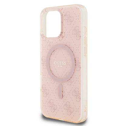 Apple iPhone 16 Pro Max Kılıf Guess Orjinal Lisanslı M-safe Şarj Özellikli IML Baskılı Klasik Logolu 4G Desenli Kapak Pembe