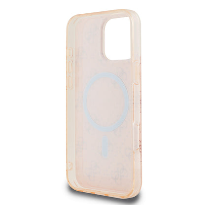 Apple iPhone 16 Pro Max Kılıf Guess Orjinal Lisanslı M-safe Şarj Özellikli IML Baskılı Klasik Logolu 4G Desenli Kapak Pembe