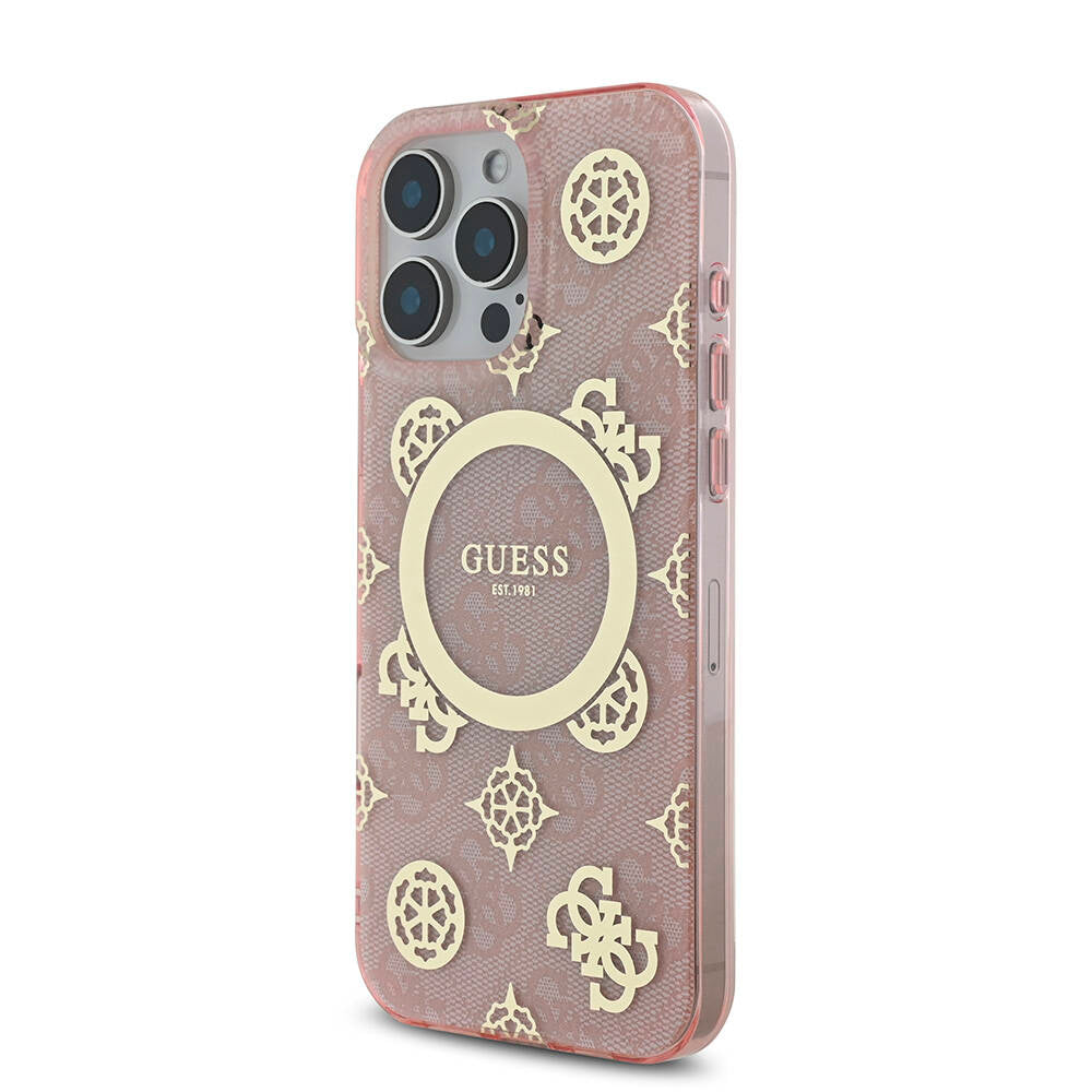 Apple iPhone 16 Pro Max Kılıf Guess Orjinal Lisanslı M-safe Şarj Özellikli IML Peony ve 4G Desenli Klasik Logolu Kapak Siyah