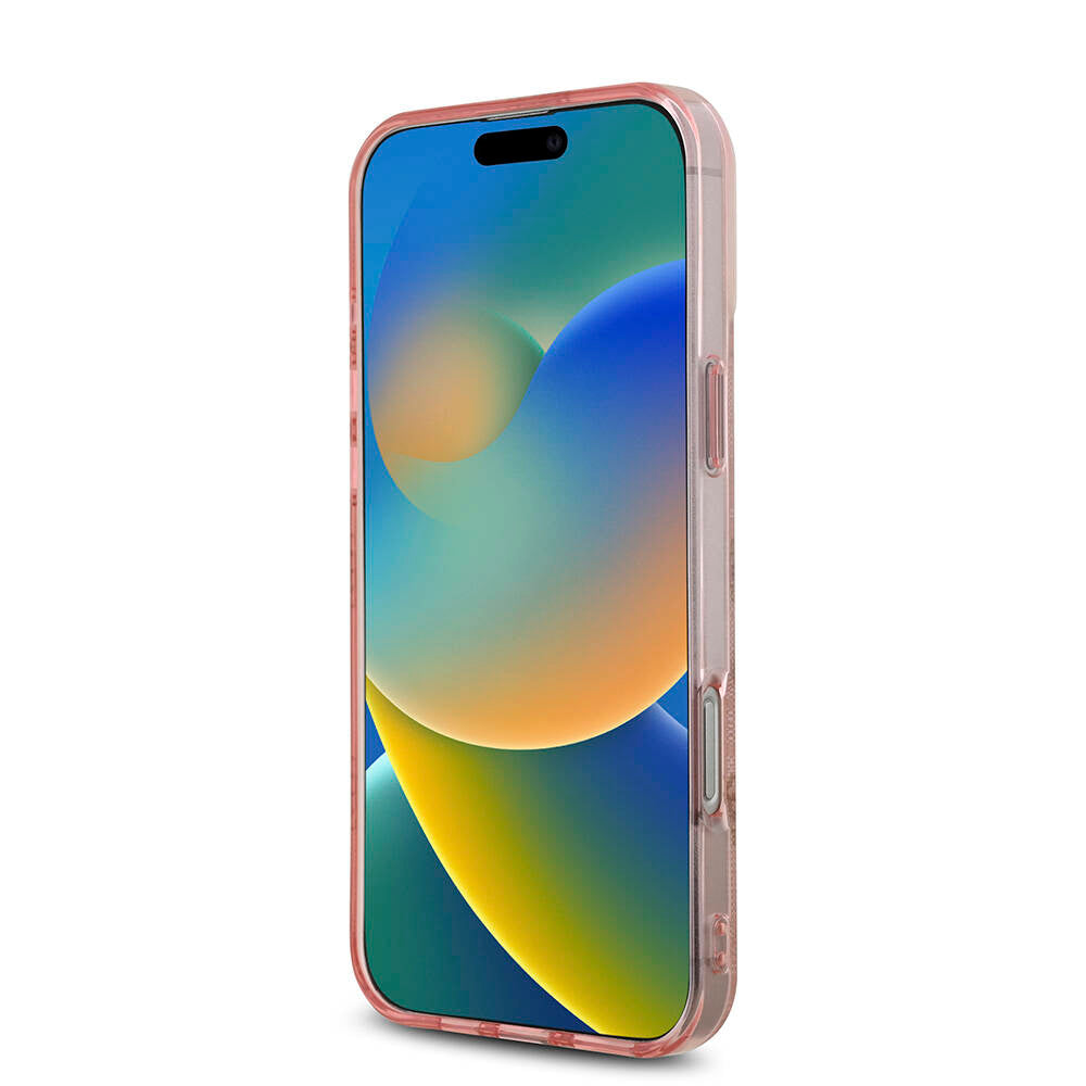 Apple iPhone 16 Pro Max Kılıf Guess Orjinal Lisanslı M-safe Şarj Özellikli IML Peony ve 4G Desenli Klasik Logolu Kapak Pembe