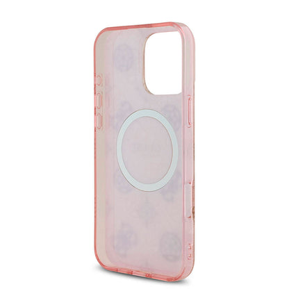 Apple iPhone 16 Pro Max Kılıf Guess Orjinal Lisanslı M-safe Şarj Özellikli IML Peony ve 4G Desenli Klasik Logolu Kapak Pembe