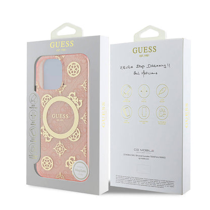 Apple iPhone 16 Pro Max Kılıf Guess Orjinal Lisanslı M-safe Şarj Özellikli IML Peony ve 4G Desenli Klasik Logolu Kapak Pembe