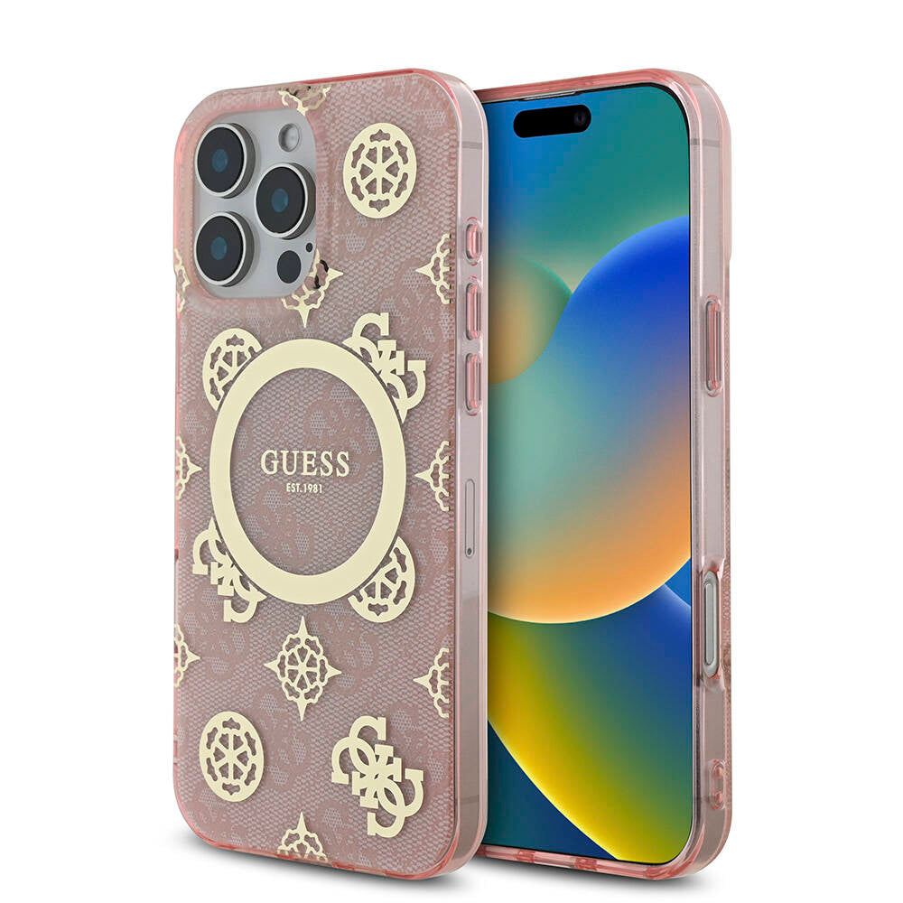 Apple iPhone 16 Pro Max Kılıf Guess Orjinal Lisanslı M-safe Şarj Özellikli IML Peony ve 4G Desenli Klasik Logolu Kapak Pembe
