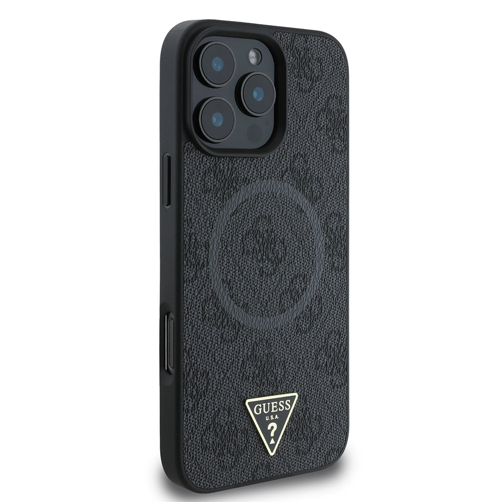 Apple iPhone 16 Pro Max Kılıf Guess Orjinal Lisanslı M-safe Şarj Özellikli PU Üçgen Logo 4G Desenli Kapak Siyah