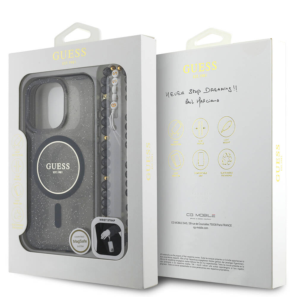 Apple iPhone 16 Pro Max Kılıf Guess Orjinal Lisanslı M-safe Şarj Özellikli Simli Silikon İnci Bileklikli Kapak Şeffaf