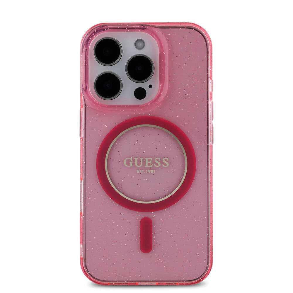 Apple iPhone 16 Pro Max Kılıf Guess Orjinal Lisanslı M-safe Şarj Özellikli Simli Silikon İnci Bileklikli Kapak Pembe