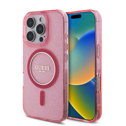 Apple iPhone 16 Pro Max Kılıf Guess Orjinal Lisanslı M-safe Şarj Özellikli Simli Silikon İnci Bileklikli Kapak Pembe