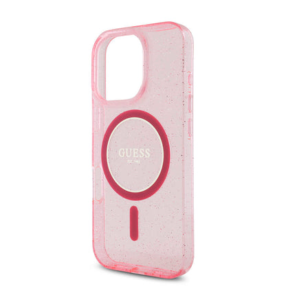 Apple iPhone 16 Pro Max Kılıf Guess Orjinal Lisanslı M-safe Şarj Özellikli Simli Silikon İnci Bileklikli Kapak Pembe