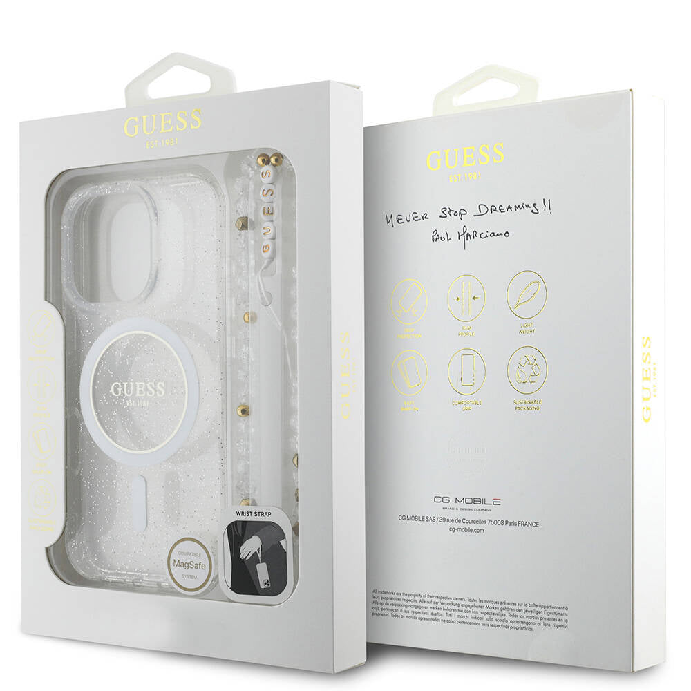 Apple iPhone 16 Pro Max Kılıf Guess Orjinal Lisanslı M-safe Şarj Özellikli Simli Silikon İnci Bileklikli Kapak Siyah