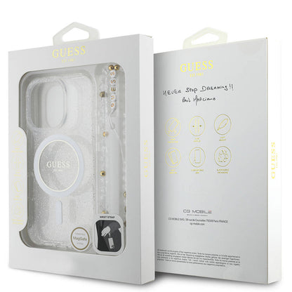 Apple iPhone 16 Pro Max Kılıf Guess Orjinal Lisanslı M-safe Şarj Özellikli Simli Silikon İnci Bileklikli Kapak Siyah