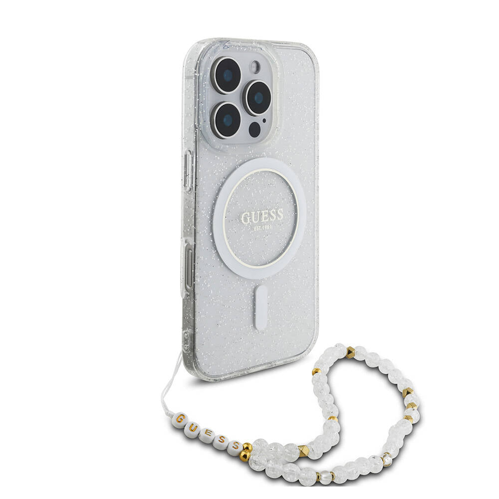 Apple iPhone 16 Pro Max Kılıf Guess Orjinal Lisanslı M-safe Şarj Özellikli Simli Silikon İnci Bileklikli Kapak Şeffaf