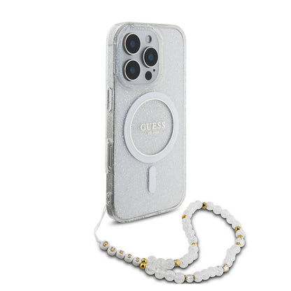 Apple iPhone 16 Pro Max Kılıf Guess Orjinal Lisanslı M-safe Şarj Özellikli Simli Silikon İnci Bileklikli Kapak Şeffaf