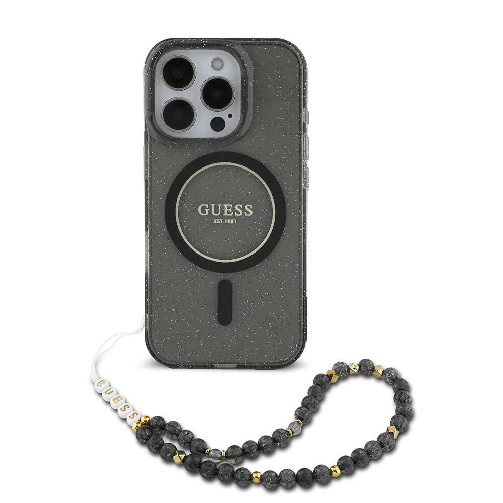Apple iPhone 16 Pro Max Kılıf Guess Orjinal Lisanslı M-safe Şarj Özellikli Simli Silikon İnci Bileklikli Kapak Siyah