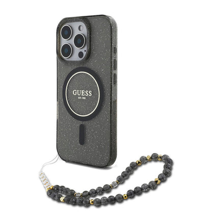 Apple iPhone 16 Pro Max Kılıf Guess Orjinal Lisanslı M-safe Şarj Özellikli Simli Silikon İnci Bileklikli Kapak Pembe