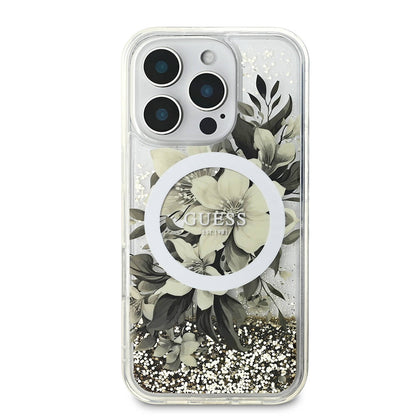 Apple iPhone 16 Pro Max Kılıf Guess Orjinal Lisanslı M-safe Şarj Özellikli Sıvılı Simli Çiçek Desenli Kapak Bej