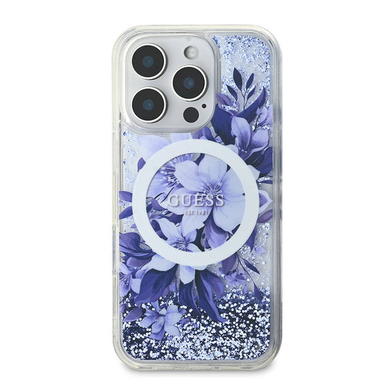 Apple iPhone 16 Pro Max Kılıf Guess Orjinal Lisanslı M-safe Şarj Özellikli Sıvılı Simli Çiçek Desenli Kapak Mor