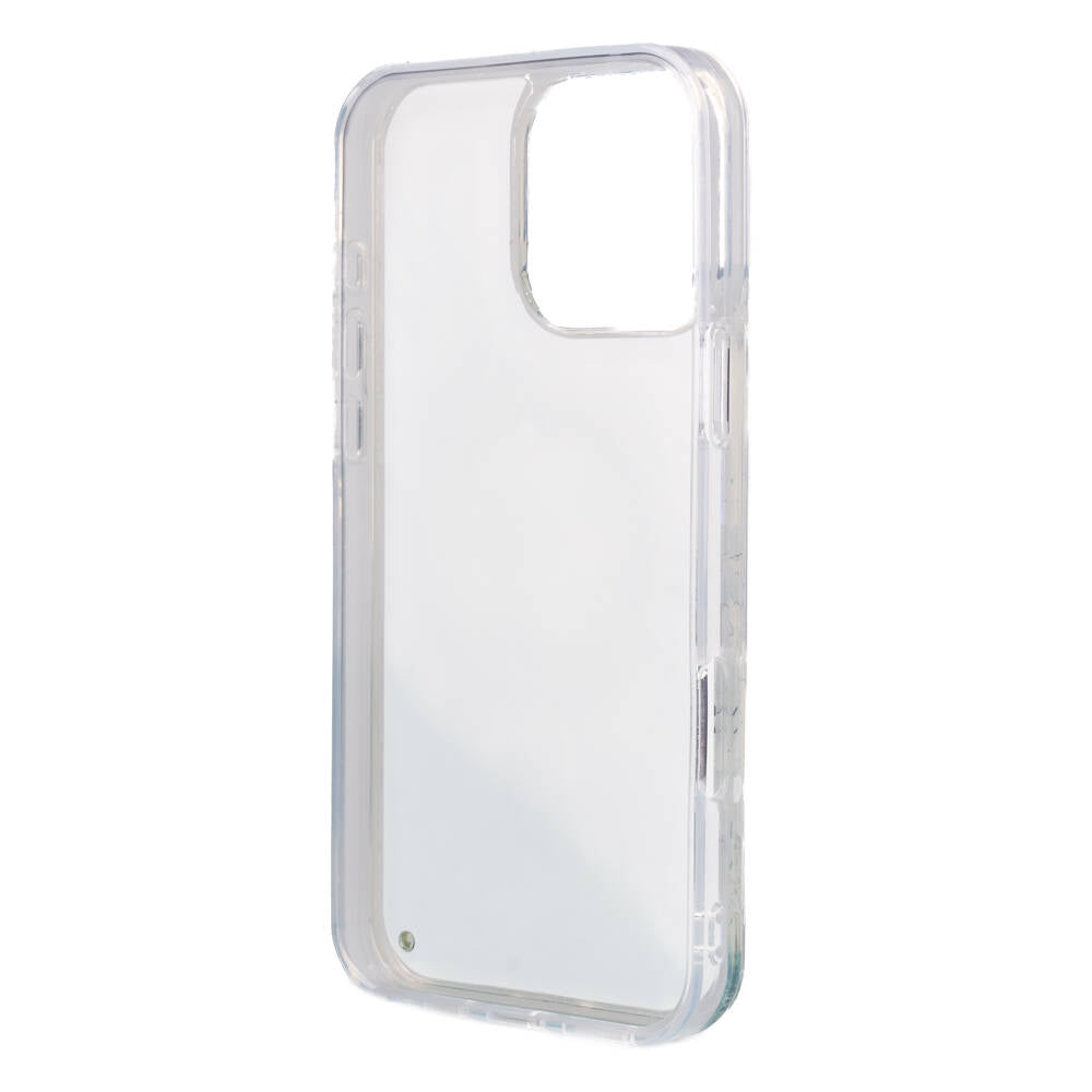 Apple iPhone 16 Pro Max Kılıf Guess Orjinal Lisanslı M-safe Şarj Özellikli Sıvılı Simli Çiçek Desenli Kapak Bej