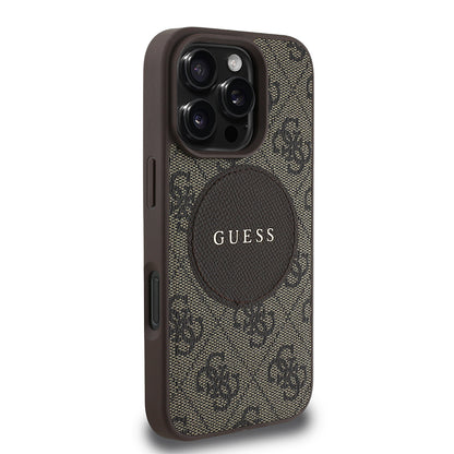 Apple iPhone 16 Pro Max Kılıf Guess Orjinal Lisanslı M-safe Şarj Özellikli Yazı Logolu Circle Classic Kapak Siyah