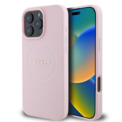 Apple iPhone 16 Pro Max Kılıf Guess Orjinal Lisanslı M-safe Şarj Özellikli Yazı Logolu Grained Kapak Pembe