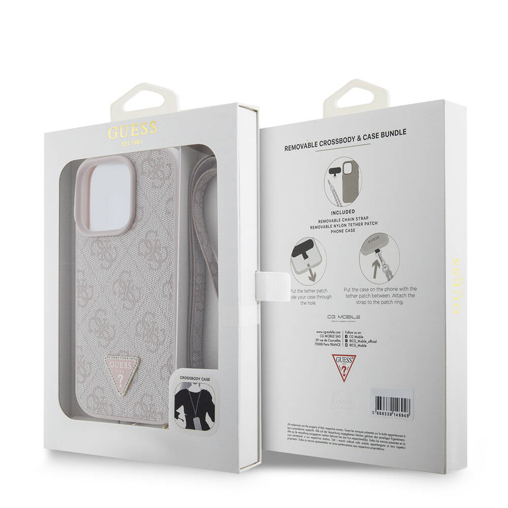 Apple iPhone 16 Pro Max Kılıf Guess Orjinal Lisanslı PU Deri Taşlı Metal Üçgen Logolu Çapraz Vücut Askılı 4G Desenli Kapak Kahverengi