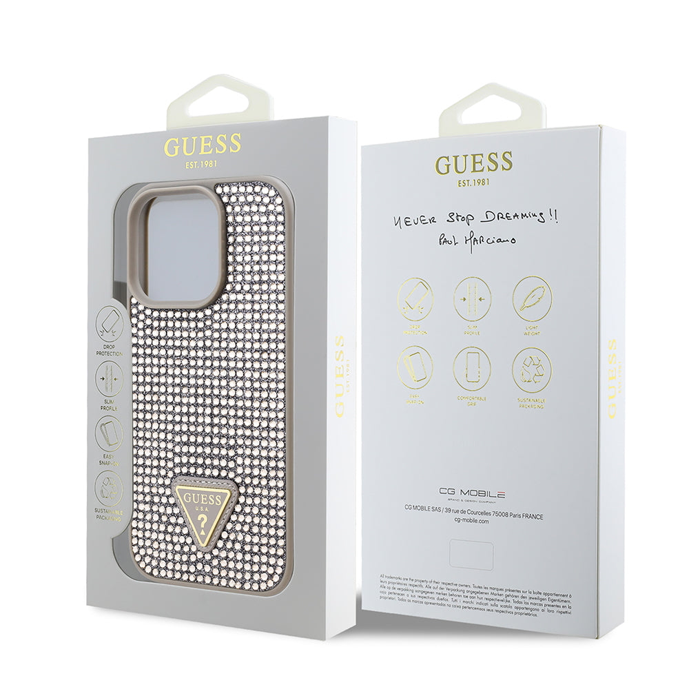 Apple iPhone 16 Pro Max Kılıf Guess Orjinal Lisanslı Taşlı Arka Yüzey Üçgen Logolu Kapak Gold